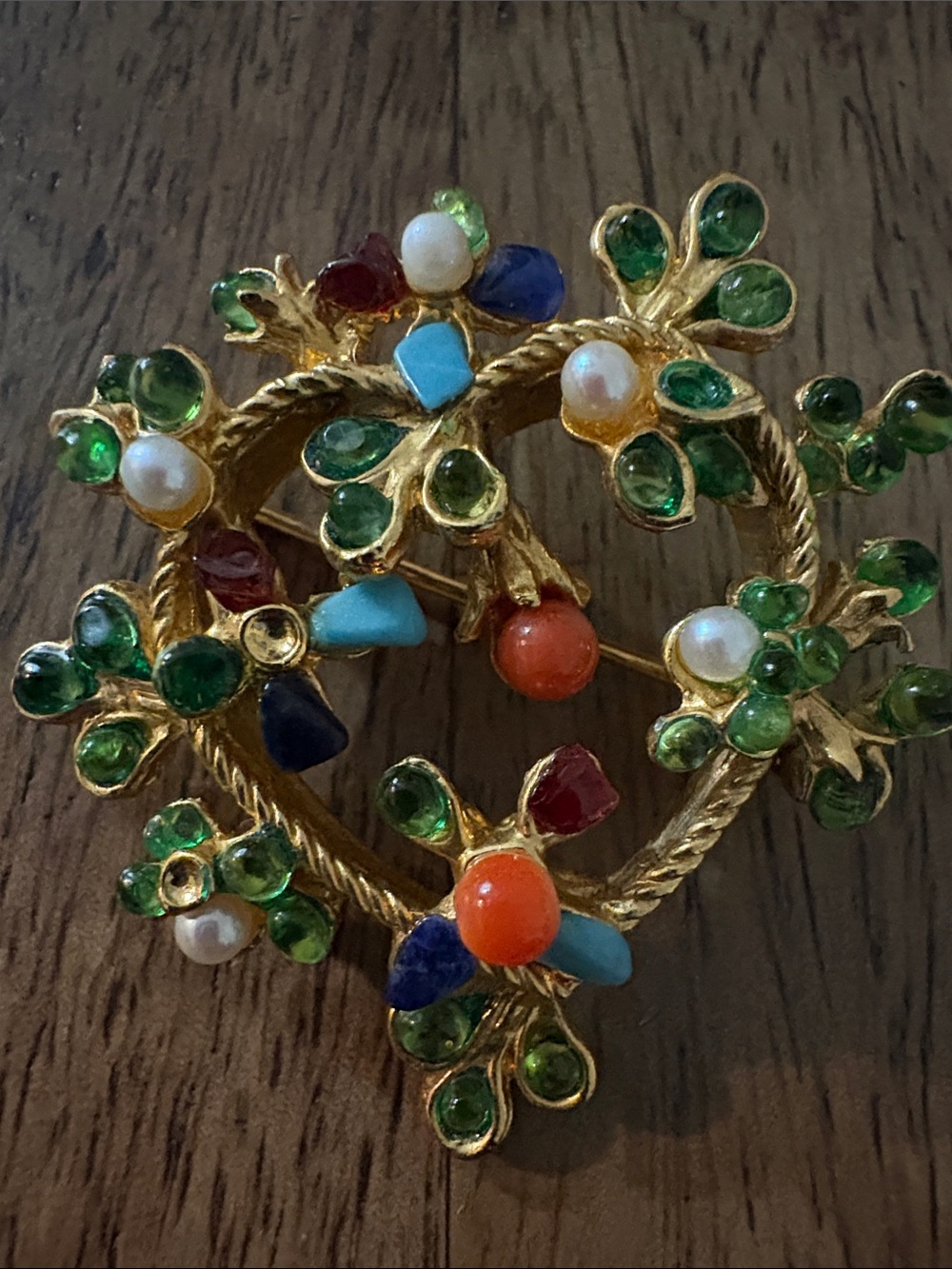 Multicolor Gold-Tone Floral Brooch with Green Accents